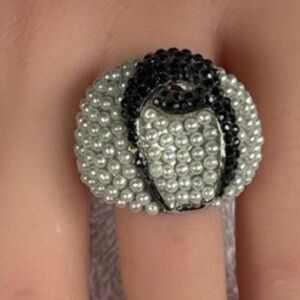 Vintage Statement Pearl & Black Rhinestone Ring - Size 7